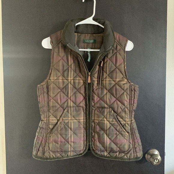 Lauren Ralph Lauren Olive Quilted Plaid Puffer Vest Women’s Size Petite Large - Picture 2 of 16